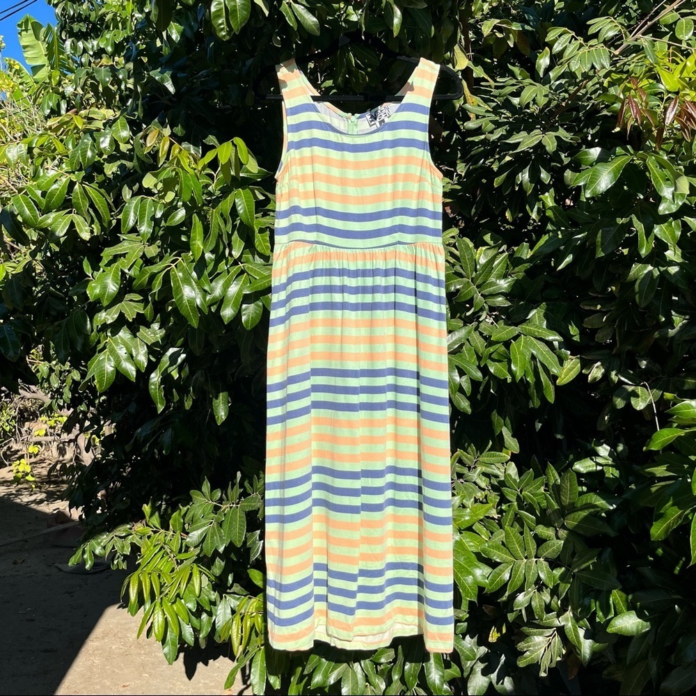 Dusen Dusen green orange‎ blue stripe sleeveless midi dress